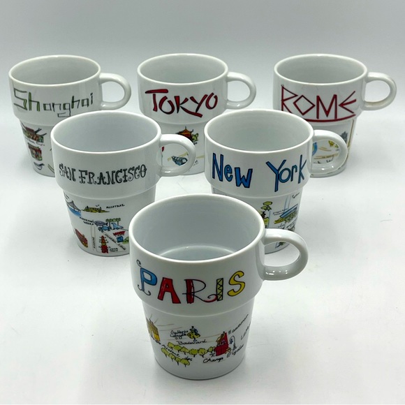 7pc World Market Stackable Mugs New York Rome Tokyo Paris Shanghai San Francisco - Picture 2 of 16